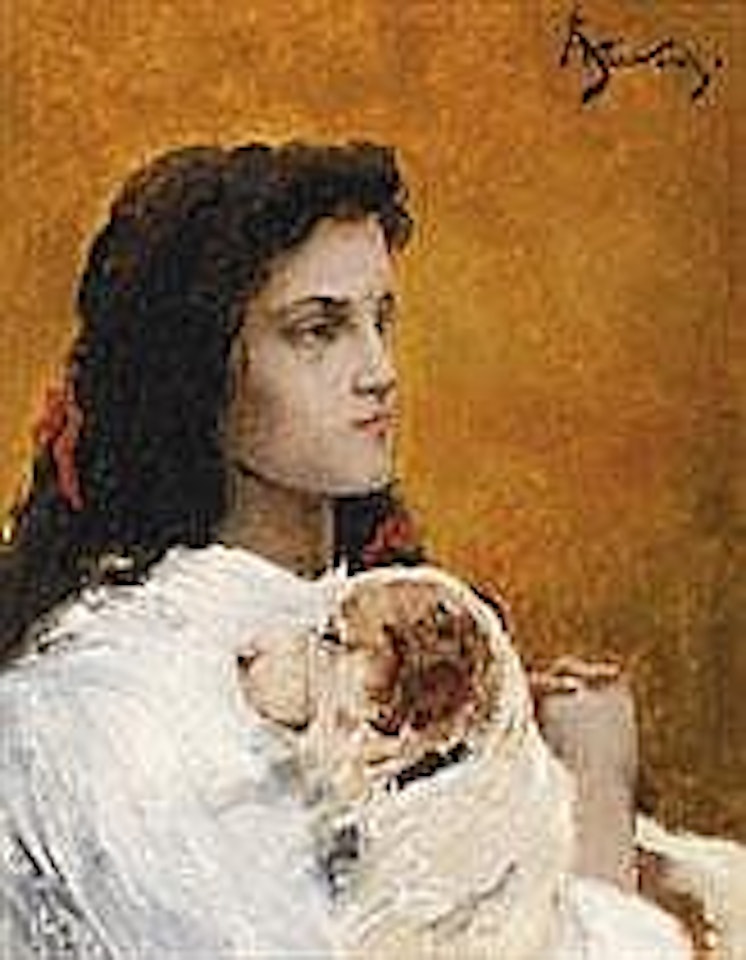 YOUNG WOMAN POSING WITH HER DOG by Alfred Stevens