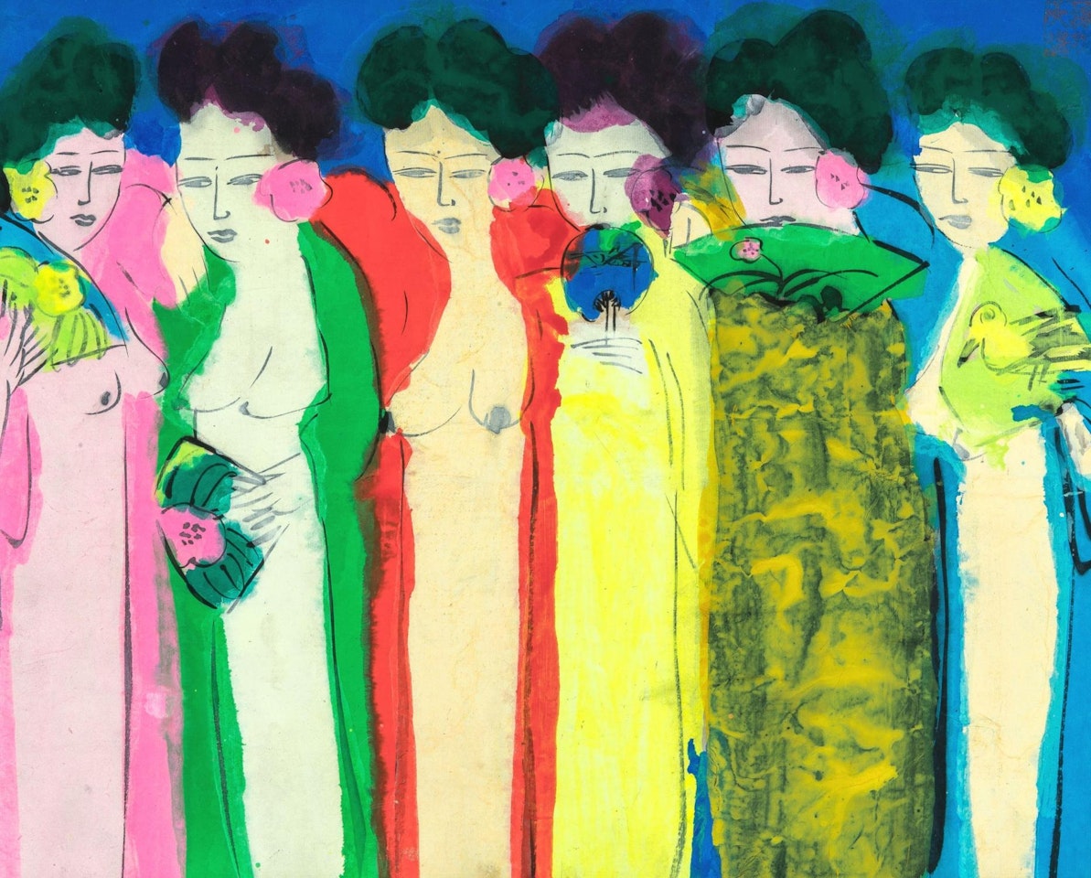 Six women with fans and flowers by Walasse Ting