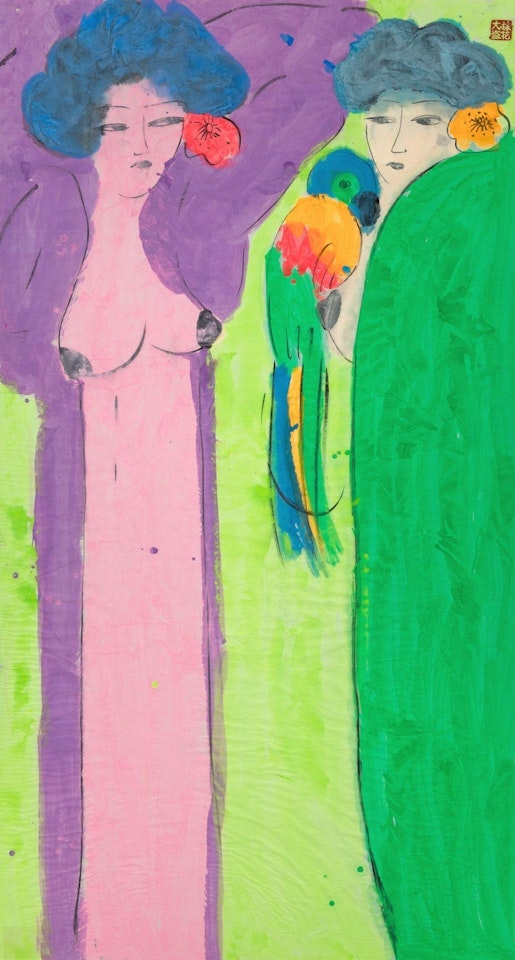 Two women with parrot by Walasse Ting