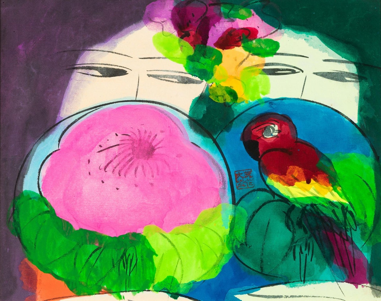 Two ladies with fans and parrot by Walasse Ting