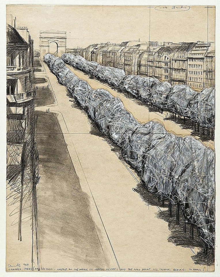 Wrapped trees (Approximately 380 Trees - Projectfor the Avenue des Champs-Élysées and theRond-point des Champs-Élysées in Paris) by Christo