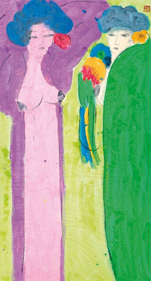 Two women with parrot by Walasse Ting