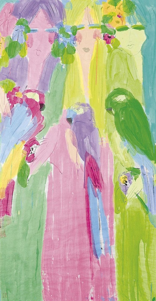 Three ladies and three parrots by Walasse Ting