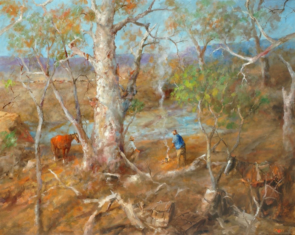 While the Billy Boils Along the Paroo River Western Queensland by Hugh Sawrey
