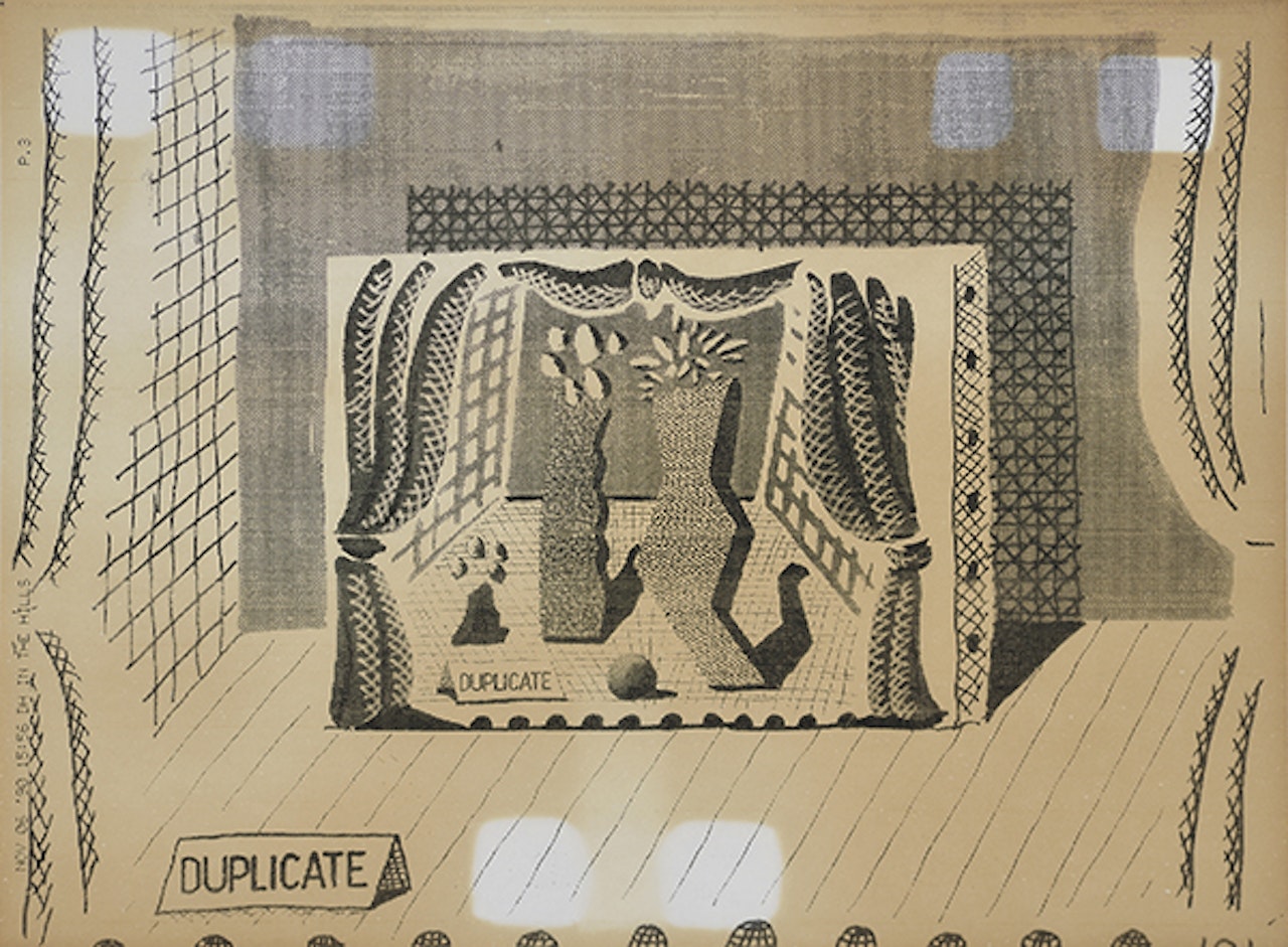 Drawing of Vases on Stage by David Hockney