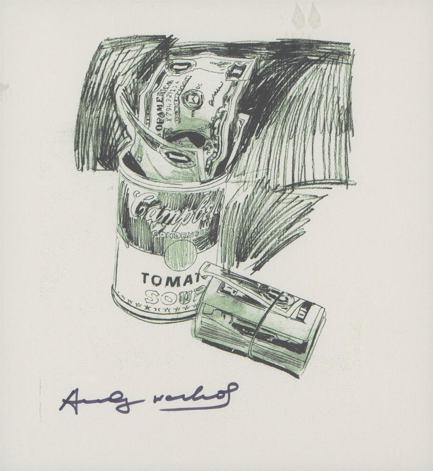 Campbell"s Soup Can and Dollar Bills by Andy Warhol