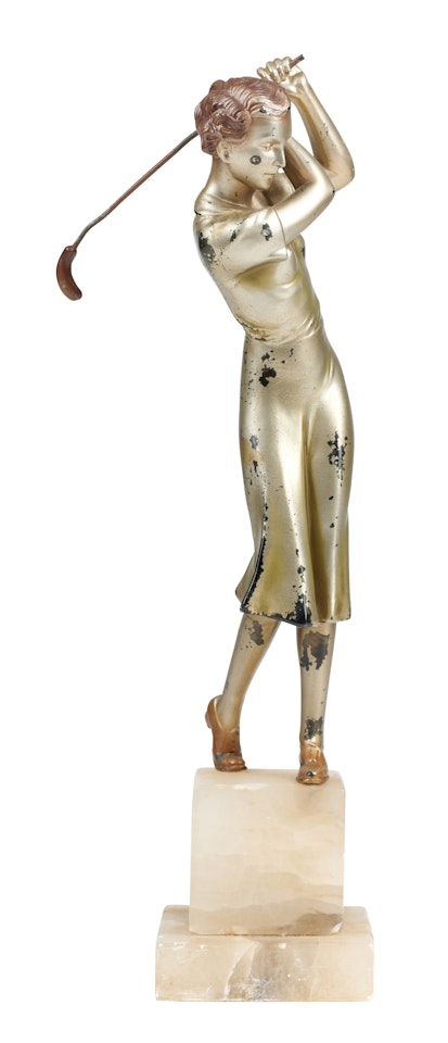 AN ART DECO COLD PAINTED BRONZE OF A LADY GOLFER by Josef Lorenzl