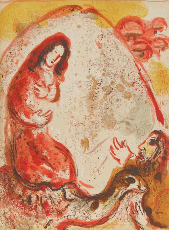 Rachel steals her Father"s graven images from "Drawings for the Bible" by Marc Chagall