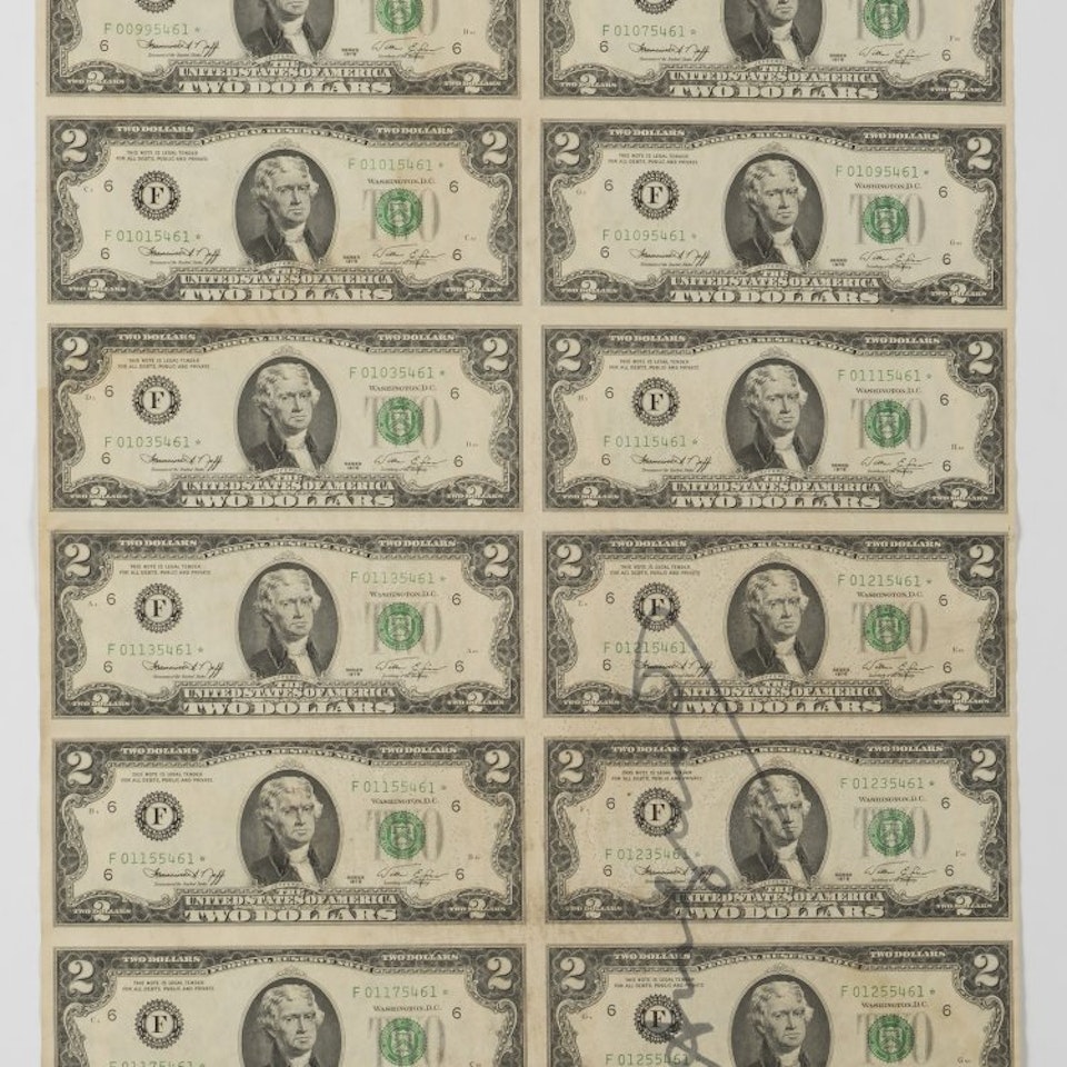 "16 Two Dollar Notes (uncut) " by Andy Warhol