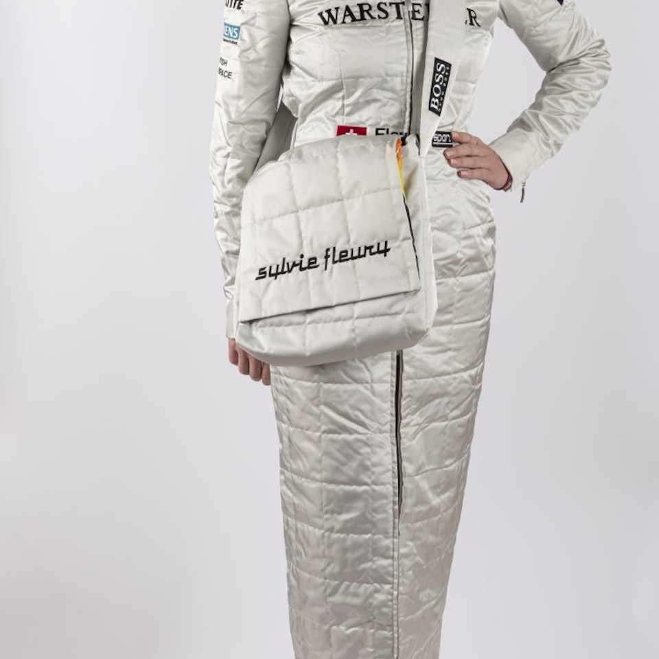 "Formula One Dress" and accompanying bag by Sylvie Fleury