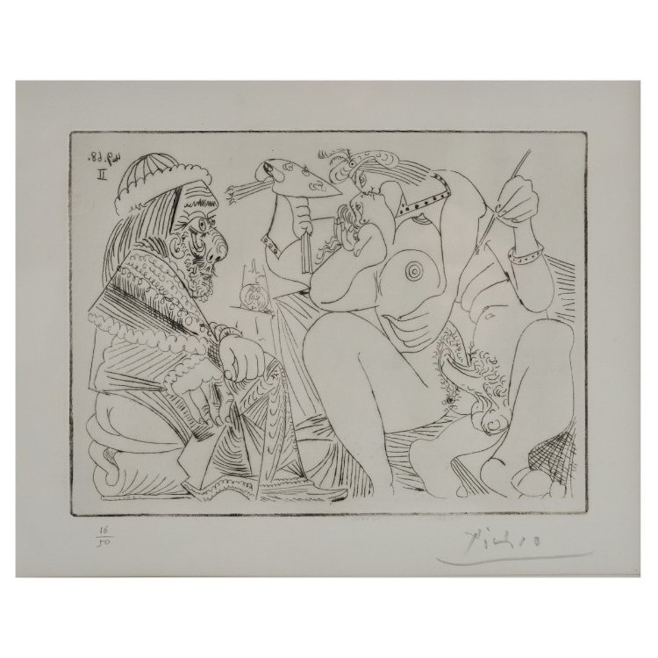 "Raphaël et la Fornarina XVI: le Pape est toujours sur son pot songeur" (plate 311 from the series 347) by Pablo Picasso