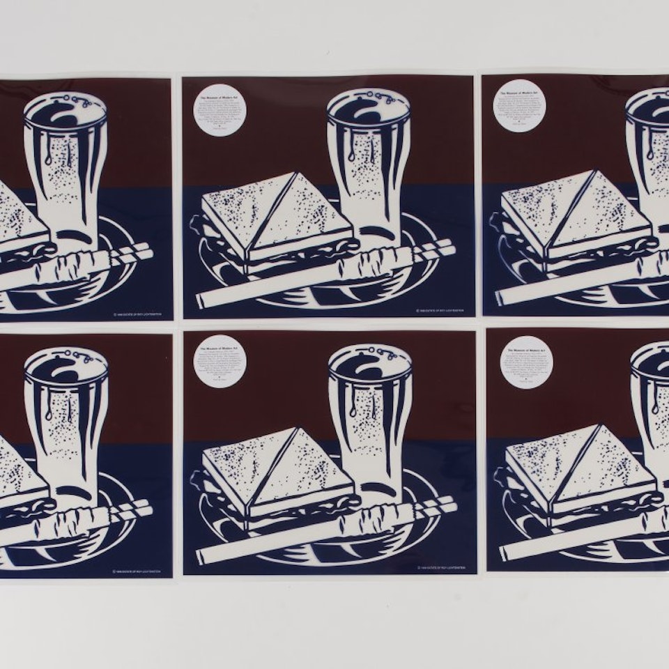 Six placemats based on the theme "Sandwich and Soda" from the portfolio "X + X" by Roy Lichtenstein