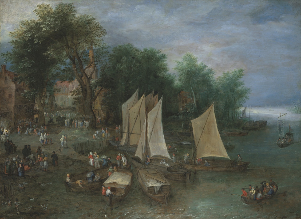 A landing stage near a village with shipping and figures by ATTRIBUTED TO JAN BREUGHEL, THE ELDER