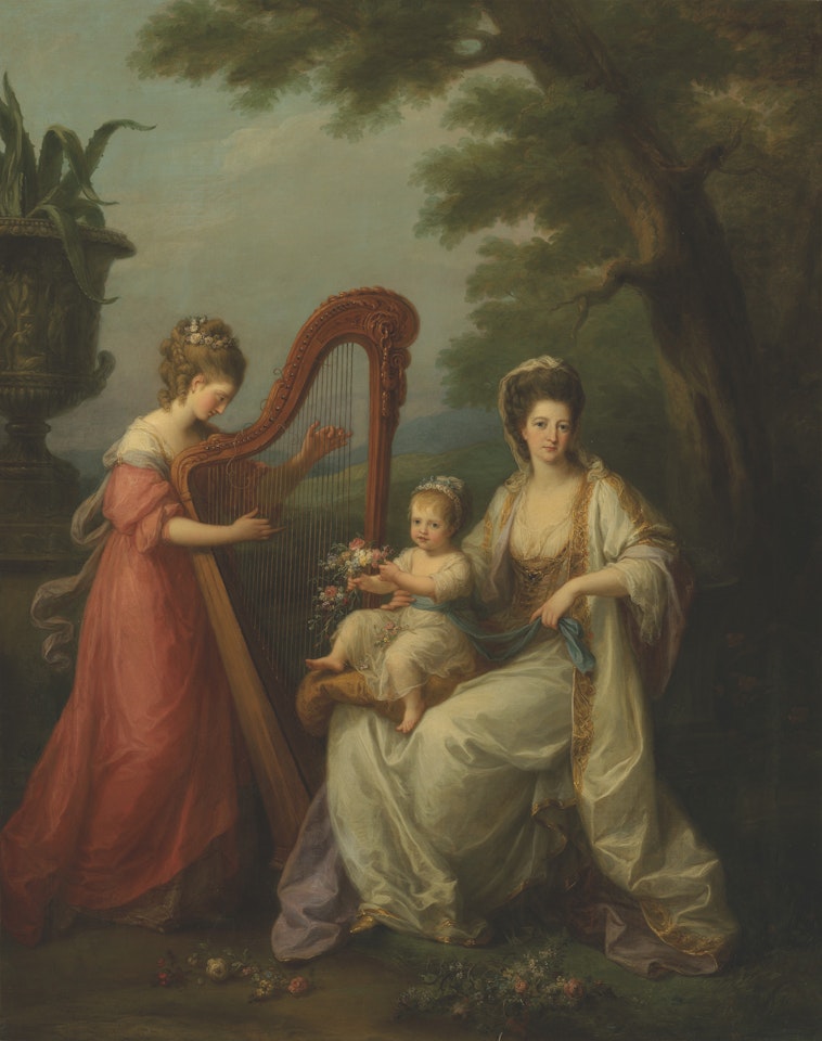 Group portrait of Lady Elizabeth Smith-Stanley, Countess of Derby (1753-1797), with her infant son Edward, later 13th Earl of Derby (1775-1851), and her half-sister, Lady Augusta Campbell (1760-1831) playing the harp by Angelica Kauffmann