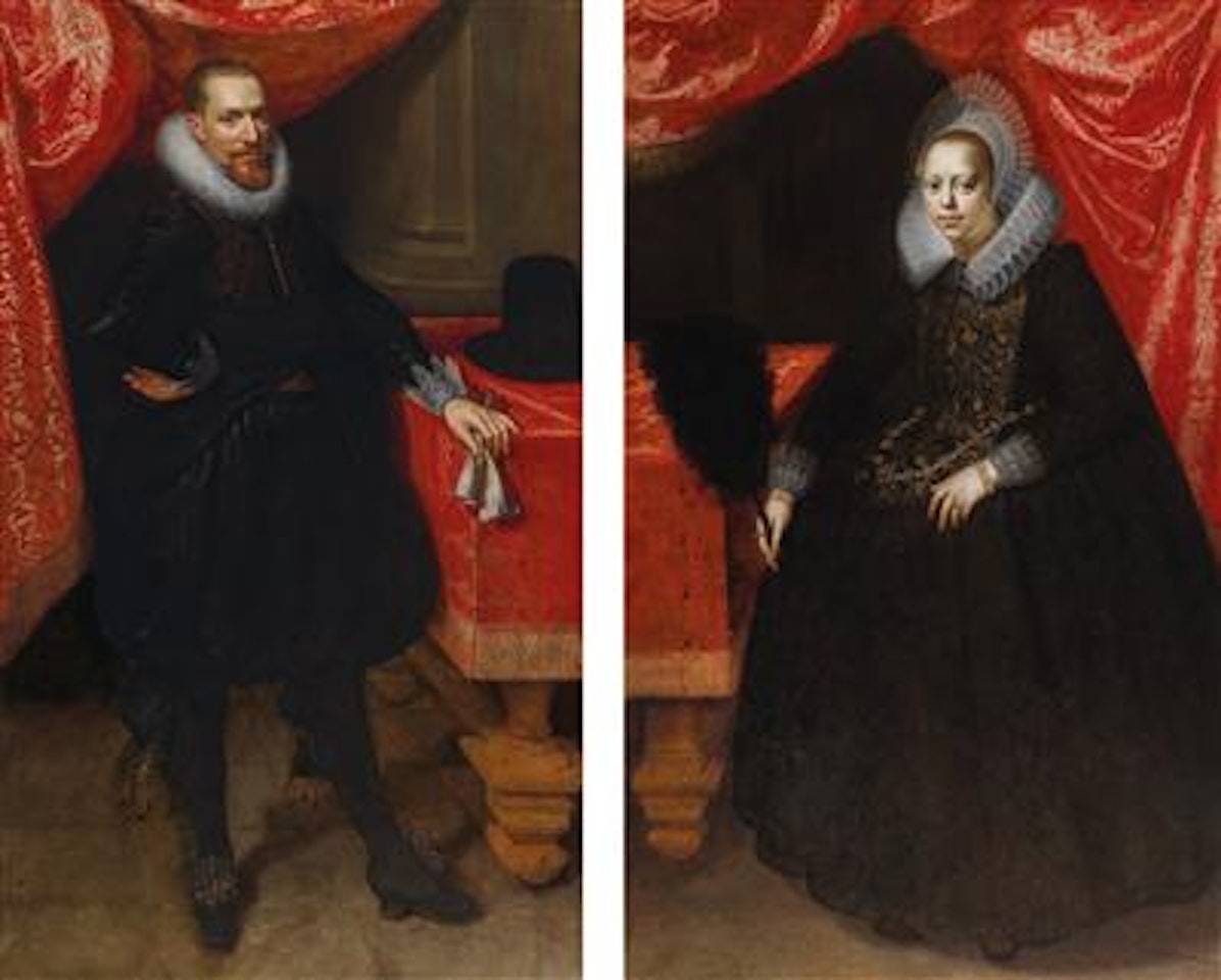 Portrait of a gentleman, traditionally identified as Charles Philippe I, Baron de Merode-Houffalize, Count of Middelburg (circa 1571-1625) full-length; and Portrait of a lady, traditionally identified as Jeanne de Montmorency, Dame de Croisilles (circa 1575-1621), full-length, both standing near a table by Paulus Moreelse