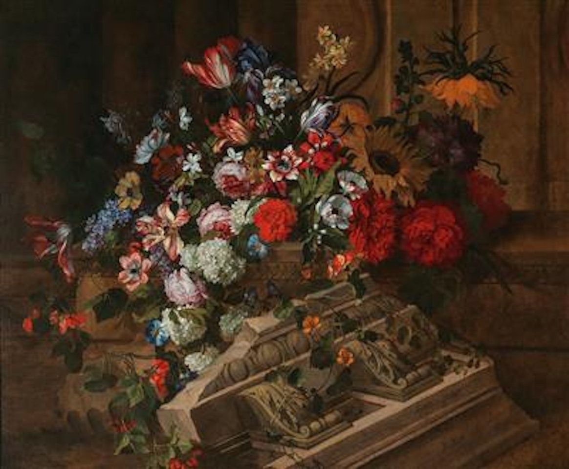 Flowers near a classical cornice on a terrace by Jean Baptiste Monnoyer
