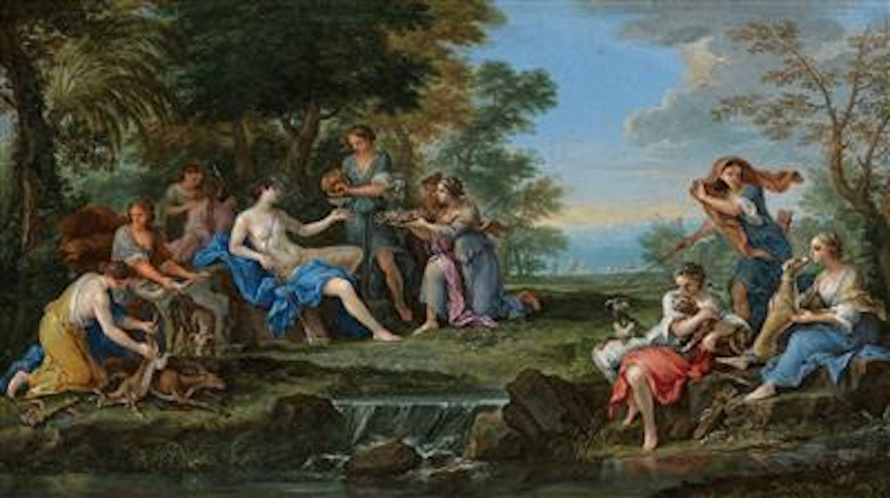 Landscape with Diana and her nymphs resting after the hunt by Filippo Lauri