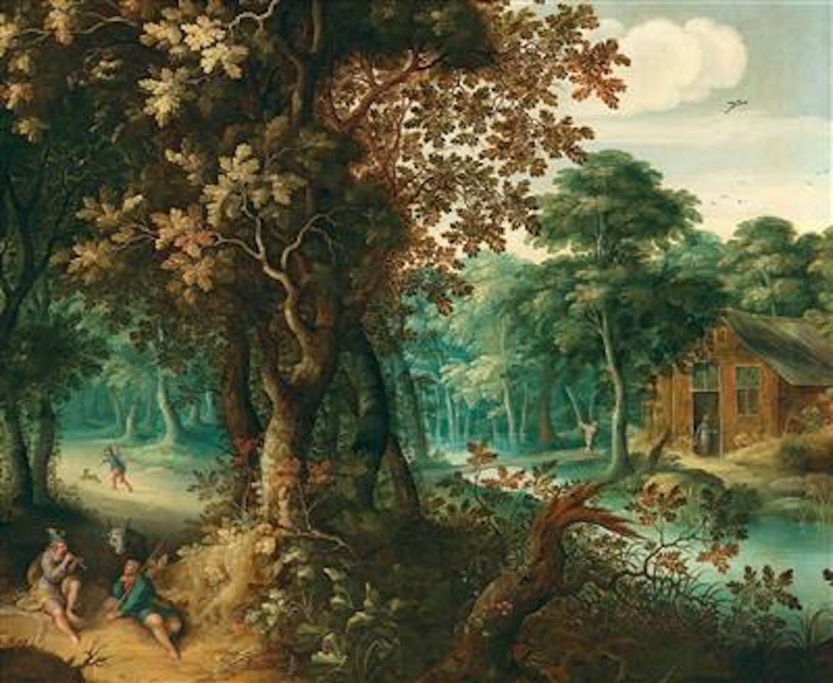 A wooded landscape with Mercury playing his flute and putting Argos, Io"s guardian, to sleep by Abraham Govaerts