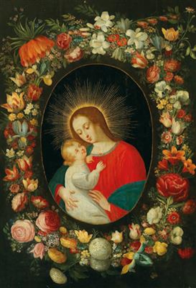 The Virgin and Child in a cartouche surrounded by a garland of flowers by Jan Brueghel the Younger