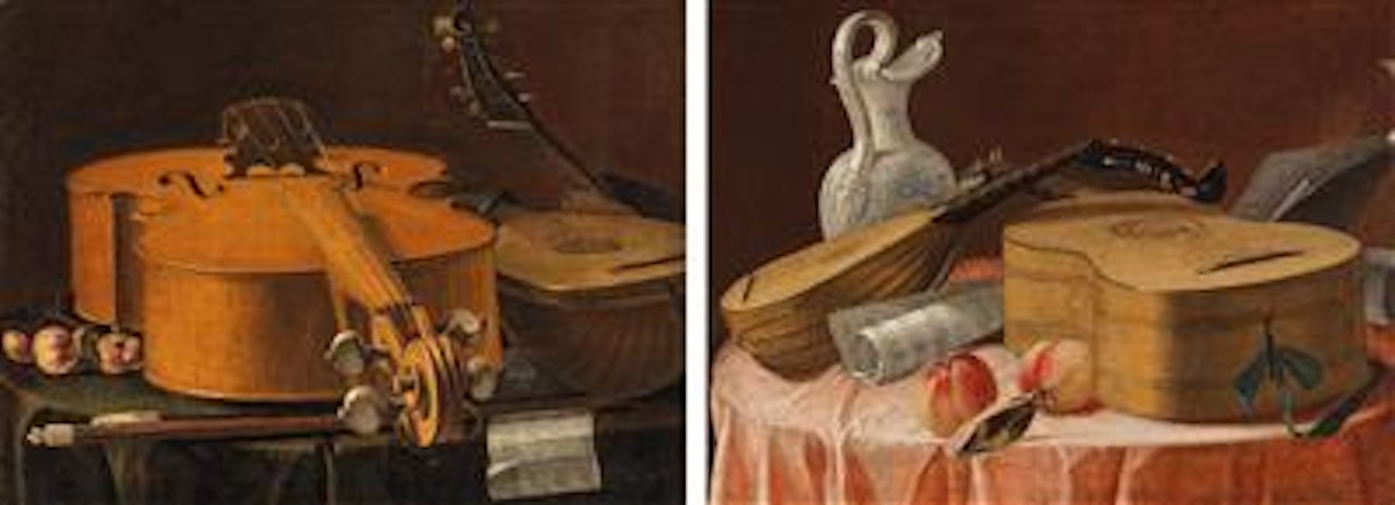 A lute and guitar by a jug and peaches with sheets of music on a table; and; A cello and lute with fruit and a sheet of music on a table by Cristoforo Munari