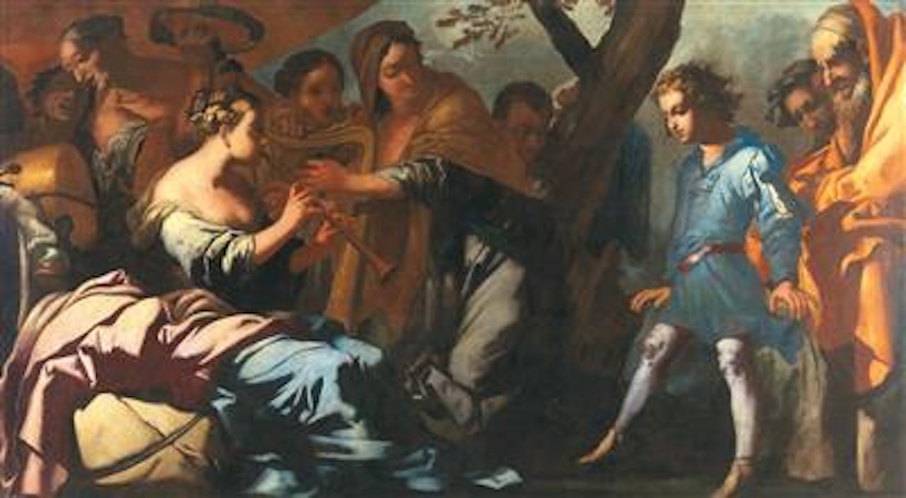 A group of figures with musicians and a young boy by Antonio Zanchi