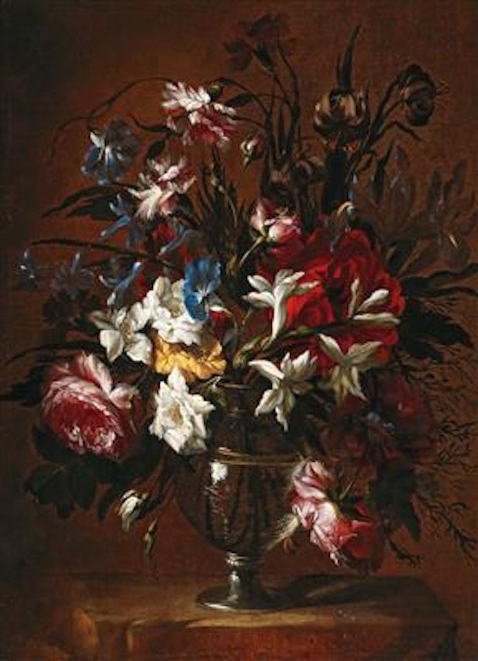Carnations, roses, lilies and other flowers in a vase on a ledge by Jean Baptiste Monnoyer