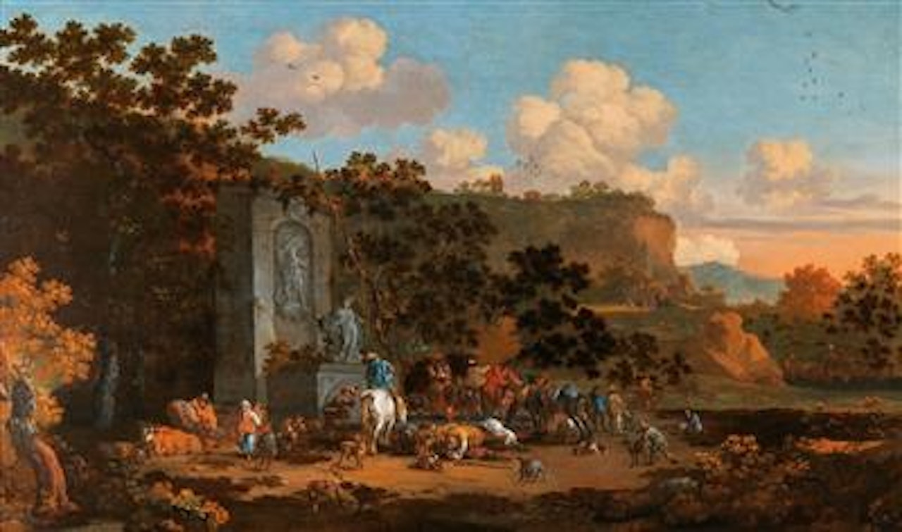An Italianate landscape with riders resting near a classical fountain by Pieter Bout