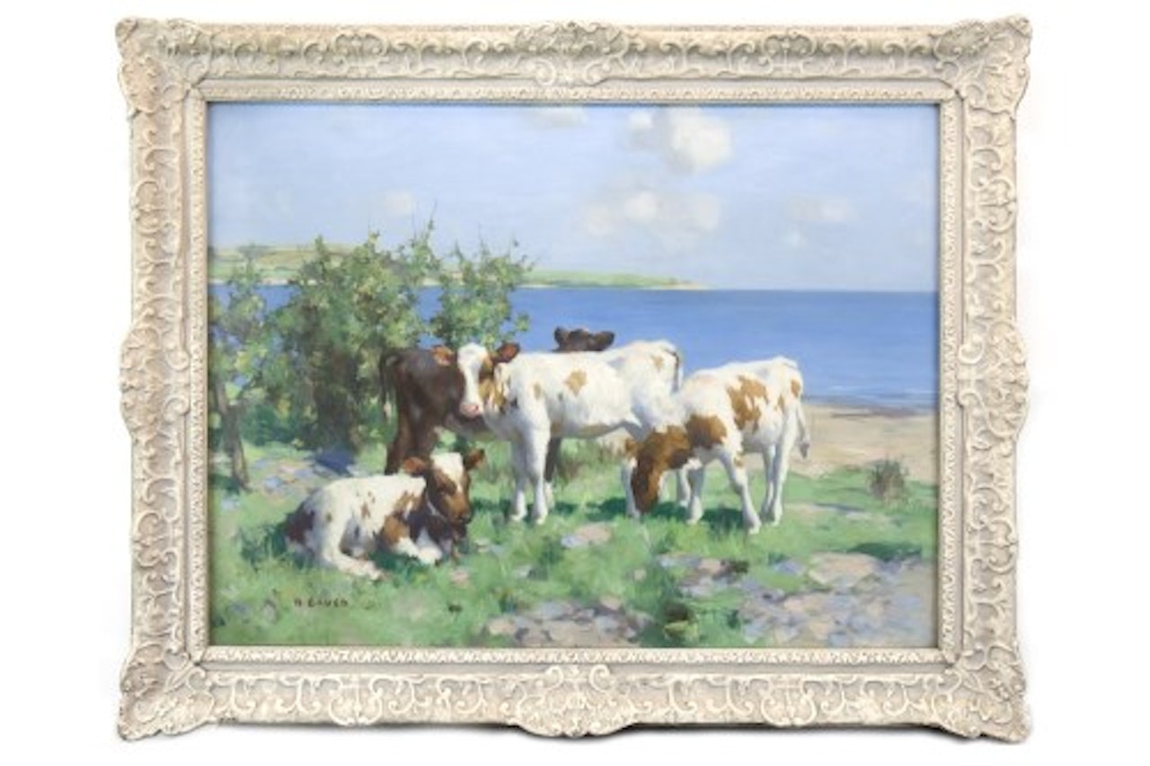 CALVES IN SUNSHINE BY THE WATER by David Gauld