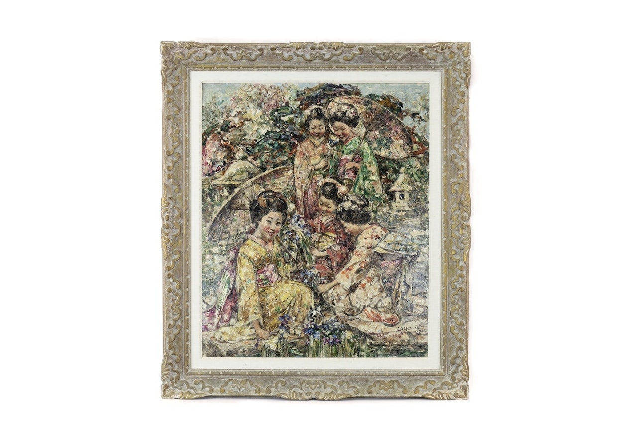 JAPANESE GIRLS GATHERING FLOWERS by Edward Atkinson Hornel
