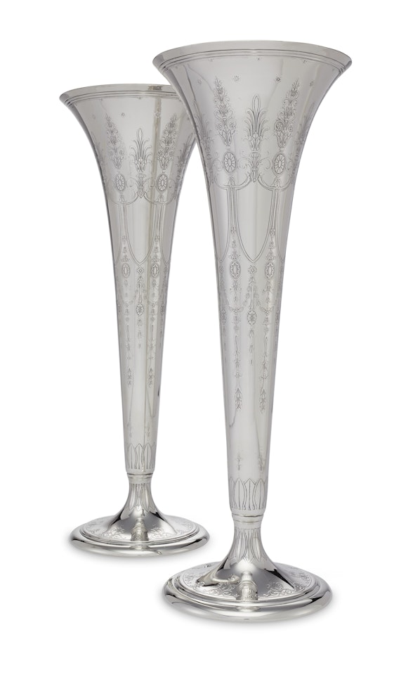 A PAIR OF AMERICAN SILVER LARGE TRUMPET VASES by Tiffany & Co.