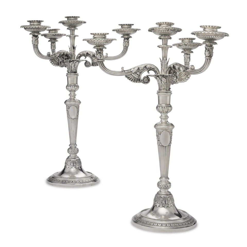 A PAIR OF AMERICAN SILVER FOUR-LIGHT CANDELABRA by Tiffany & Co.