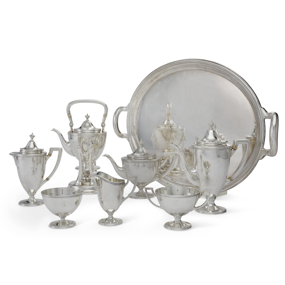 AN AMERICAN SILVER SEVEN-PIECE TEA AND COFFEE SERVICE AND MATCHING SILVER-PLATED TWO-HANDLED TRAY by Tiffany & Co.