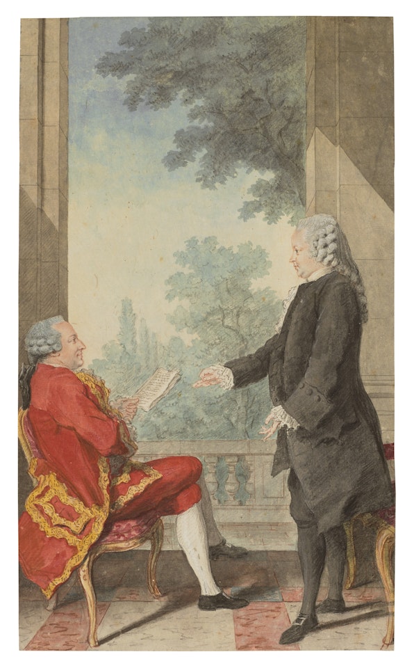 Portrait of Jean-Baptiste-François de Montulé, seated, and Jean-Baptiste d’Albertas on a terrace overlooking a garden by Louis Carrogis Carmontelle