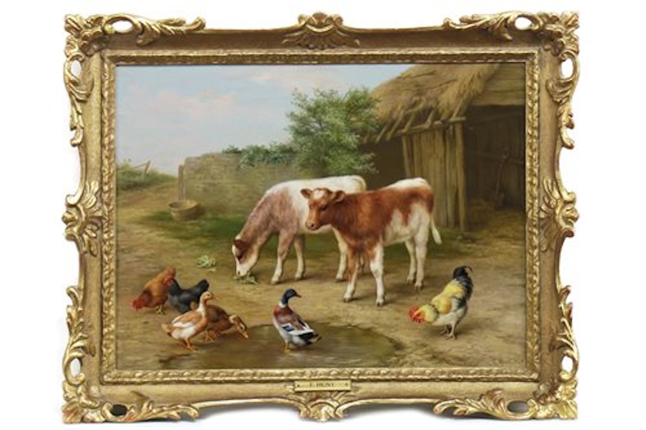 CALVES WITH HENS AND DUCKS by Edgar Hunt