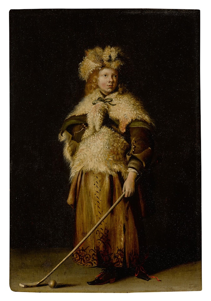 Portrait of a child, full length, holding a kolf stick by Dutch School