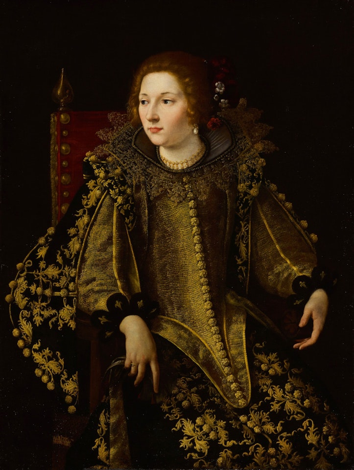 Portrait of a seated lady, three-quarter length, in an elaborate and gold-embroidered costume, possibly Caterina Savelli, Principessa di Albano by Artemisia Gentileschi