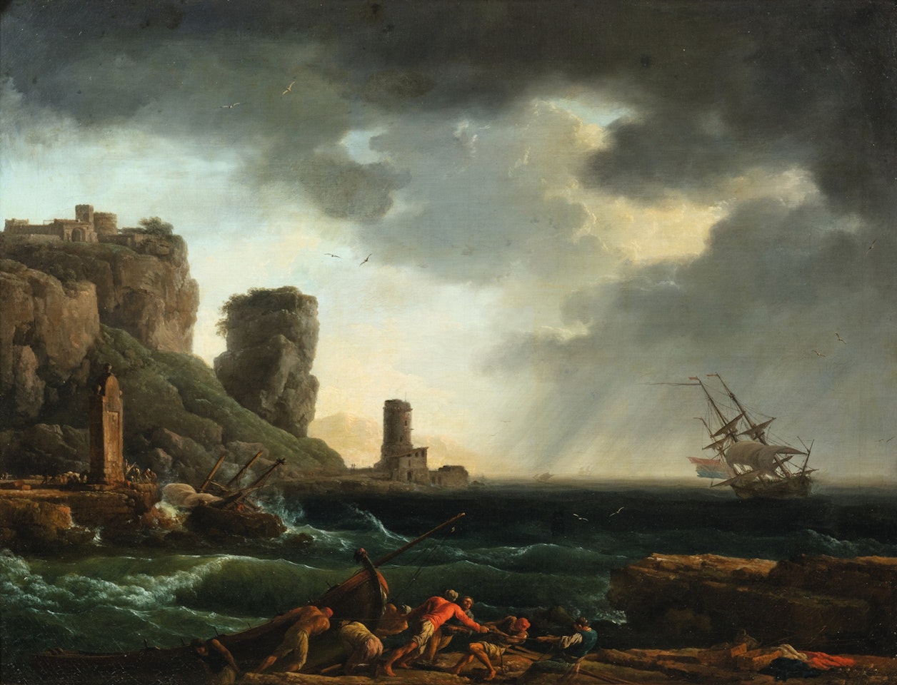 A storm near a rocky coast, with a group of fishermen pulling a wrecked boat in the foreground by Claude Joseph Vernet
