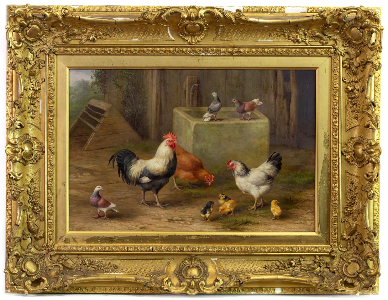 CHICKENS WITH PIGEONS by Edgar Hunt