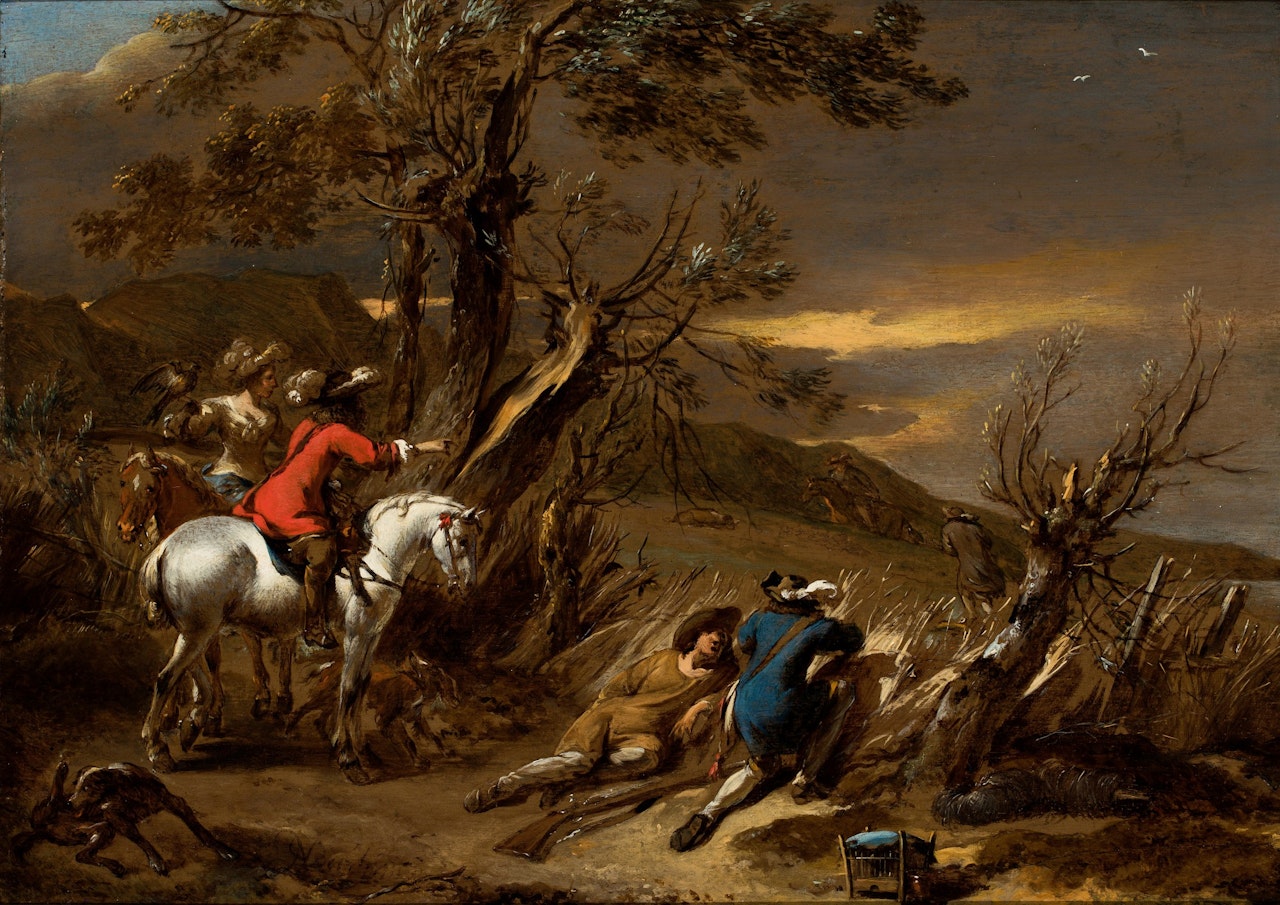 A falconry party in a landscape by Nicolaes Pietersz Berchem