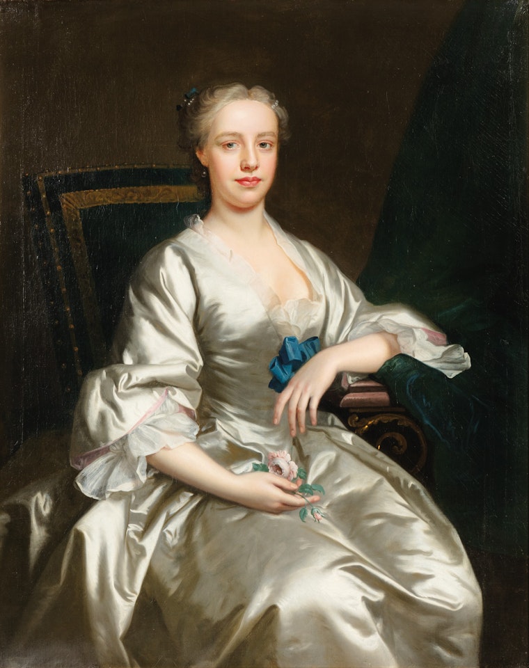 Presumed portrait of Flora MacDonald (1722-1790), three-quarter length, wearing a satin dress and holding a rose by Thomas Hudson