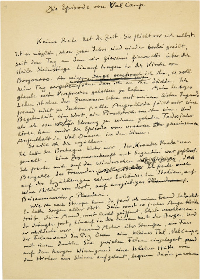 Autograph manuscript, entitled "The Episode of Val Camp" on the first page, signed and dated at the end "C. Amiet, Oschwand August 31, 1943" by Cuno Amiet