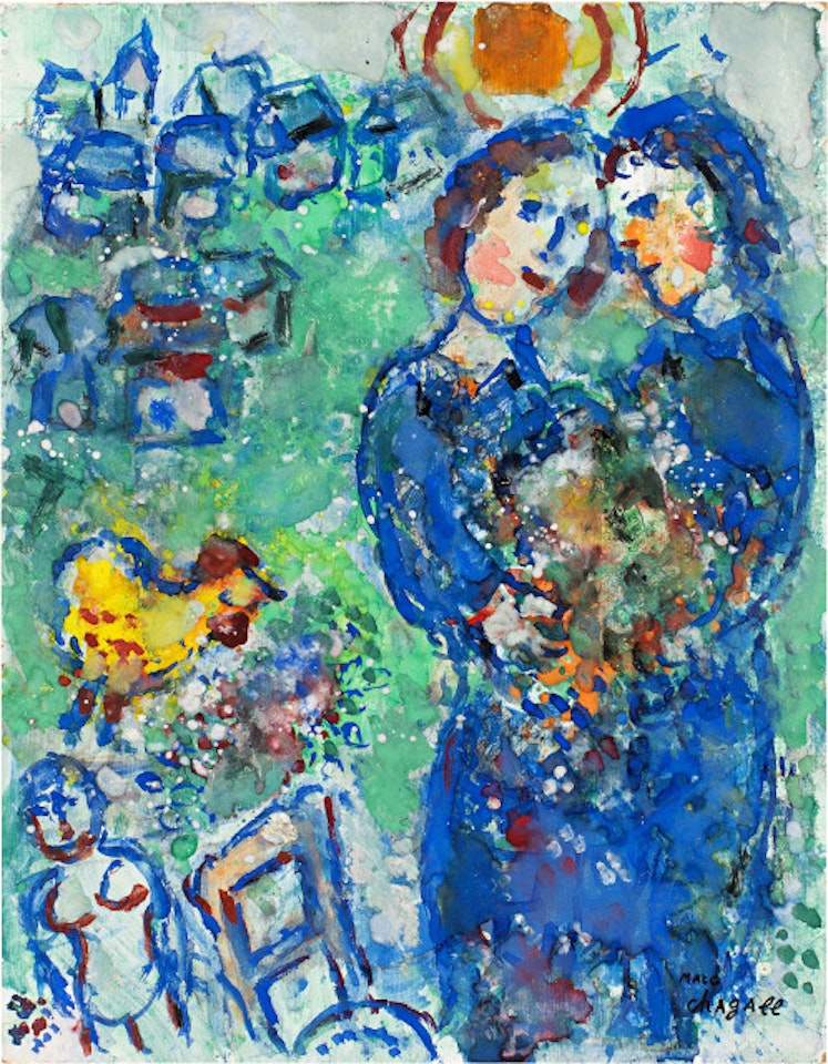 Rencontre au village sur fond vert by Marc Chagall