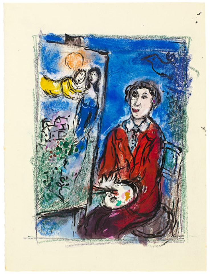 Le peintre devant "le soleil rouge" by Marc Chagall