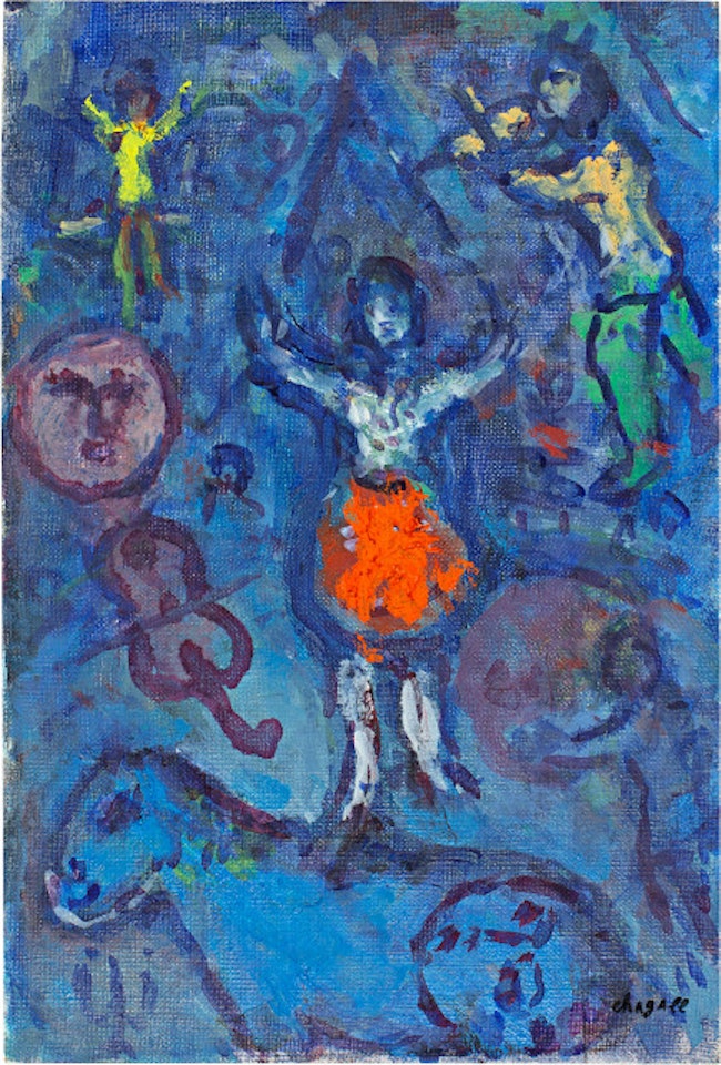 L"écuyère en jupe orange sur fond bleu by Marc Chagall