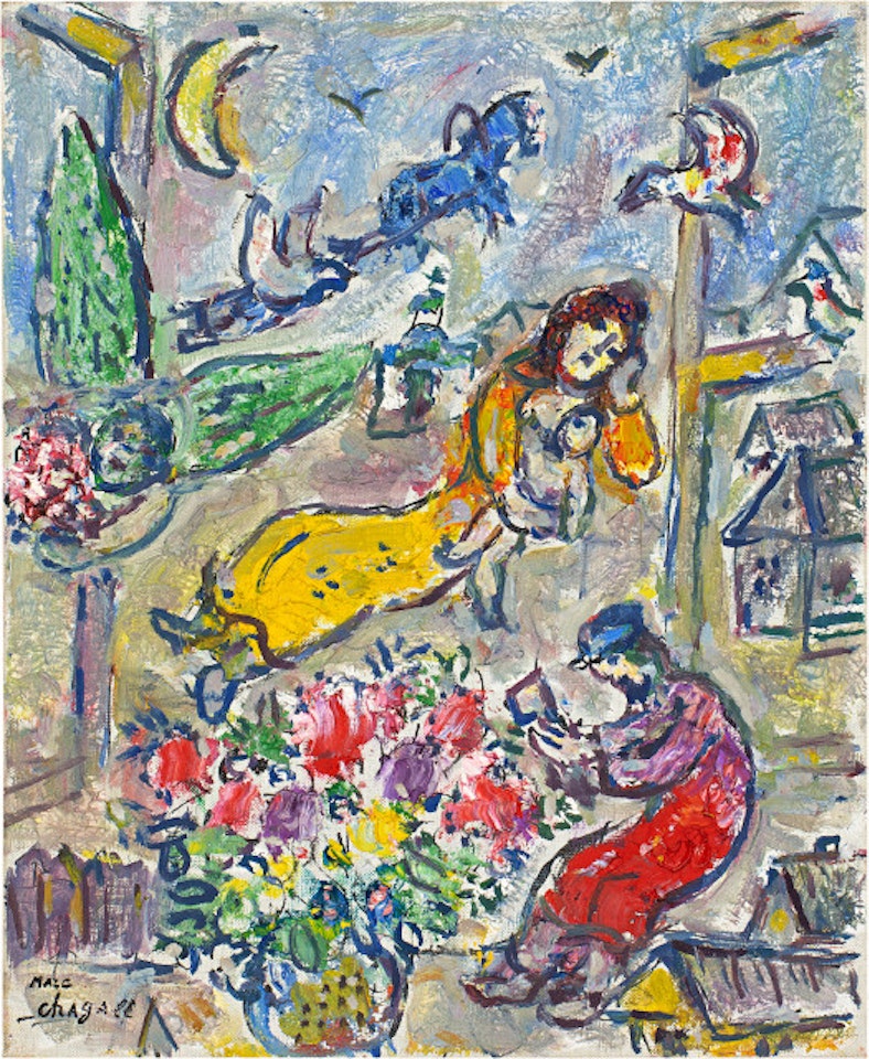 Fenêtre ouverte sur famille au village by Marc Chagall