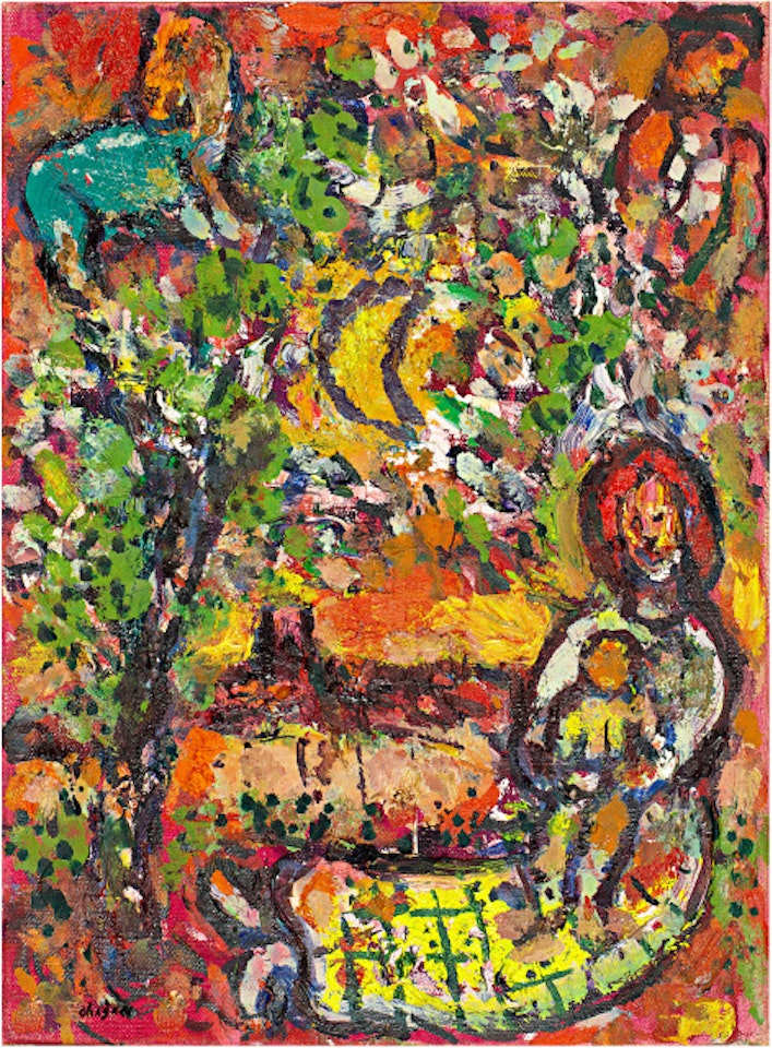 Mère et enfant à Vence sur fond multicolore by Marc Chagall