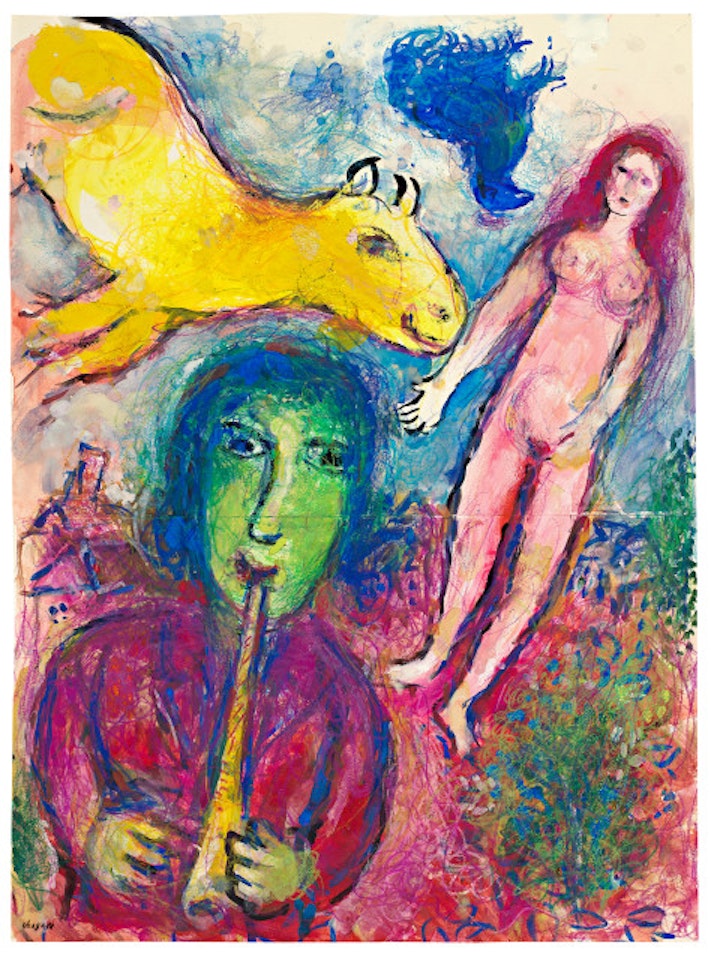 Rencontre autour du flûtiste au visage vert by Marc Chagall