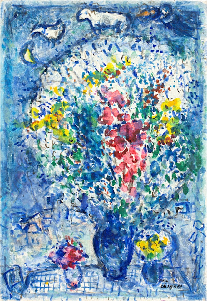 Trois bouquets sur nappe à carreaux by Marc Chagall