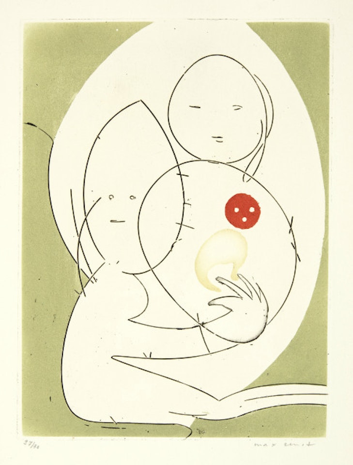 Das Schnabelpaar Acht Farbradierungen und ein Gedicht. Lose Bogen und Blätter, in Orig.-Pgt.-Umschlag mit dem Titel als Prägedruck by Max Ernst