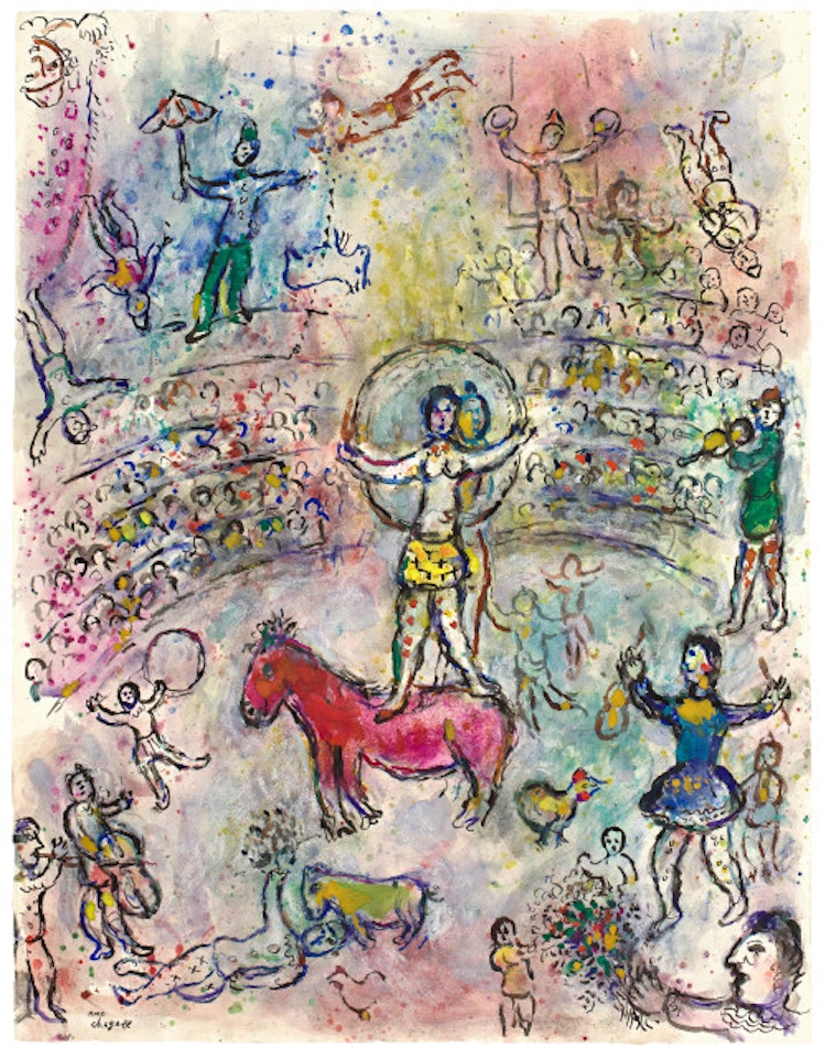 Scène de cirque aux écuyères sur cheval rouge by Marc Chagall